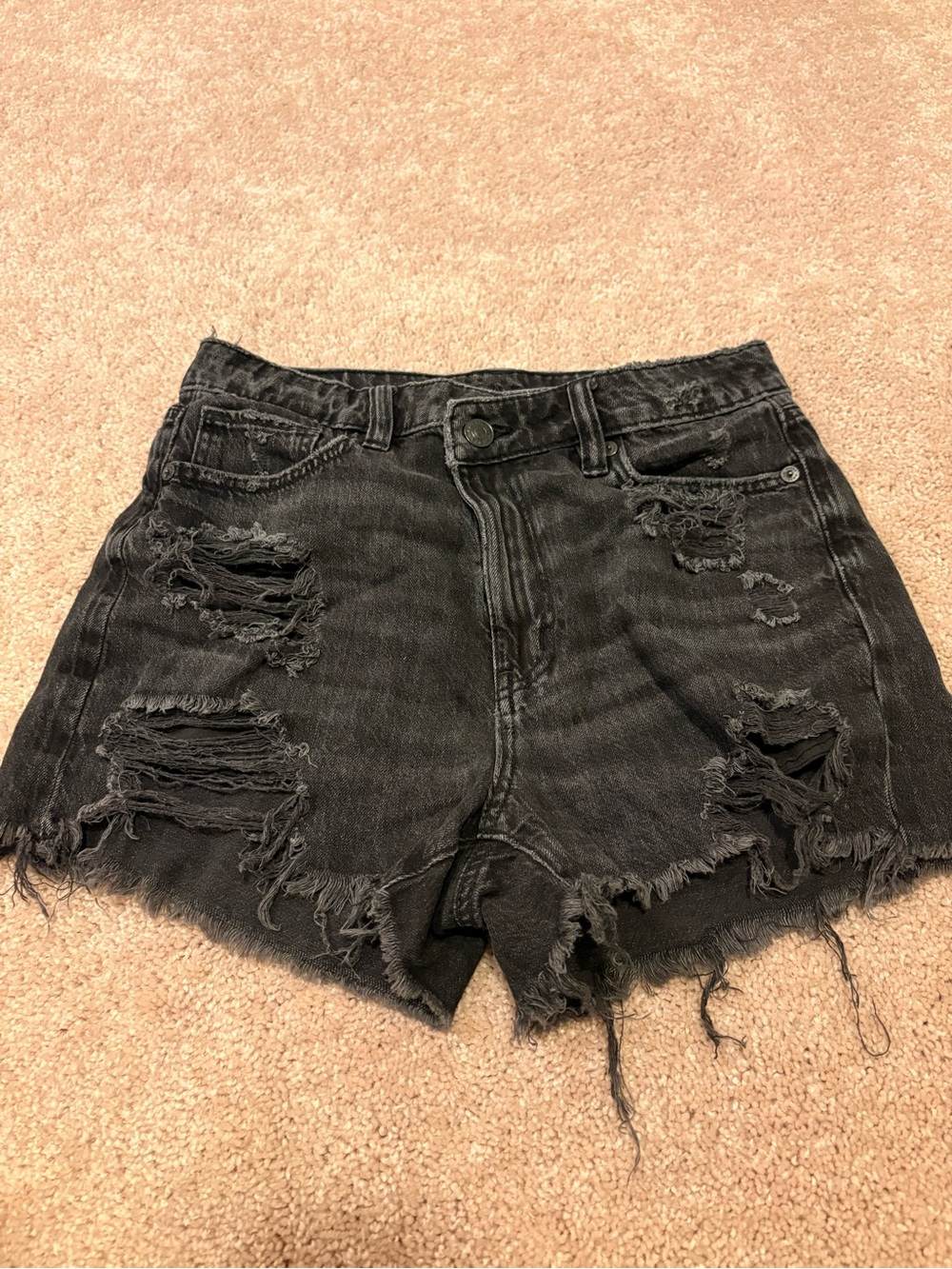 American Eagle High-Rise Crossover Distressed Black Denim Shorts